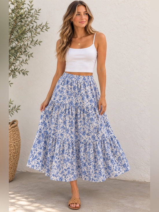 crown & ivy Dresses & Skirts - Crown & Ivy Blue Floral Tiered Maxi Skirt 100% Cotton Pockets Size Large
